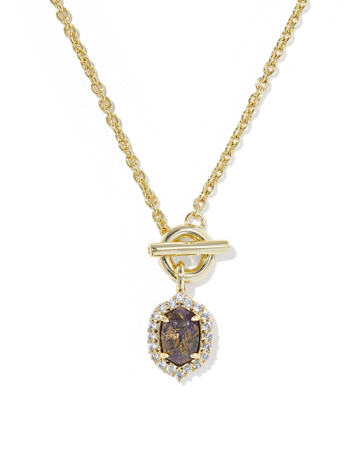 DAPHNE CRYSTAL FRAME TOGGLE NECKLACE GOLD BRONZE VEINED PURPLE AMETHYST