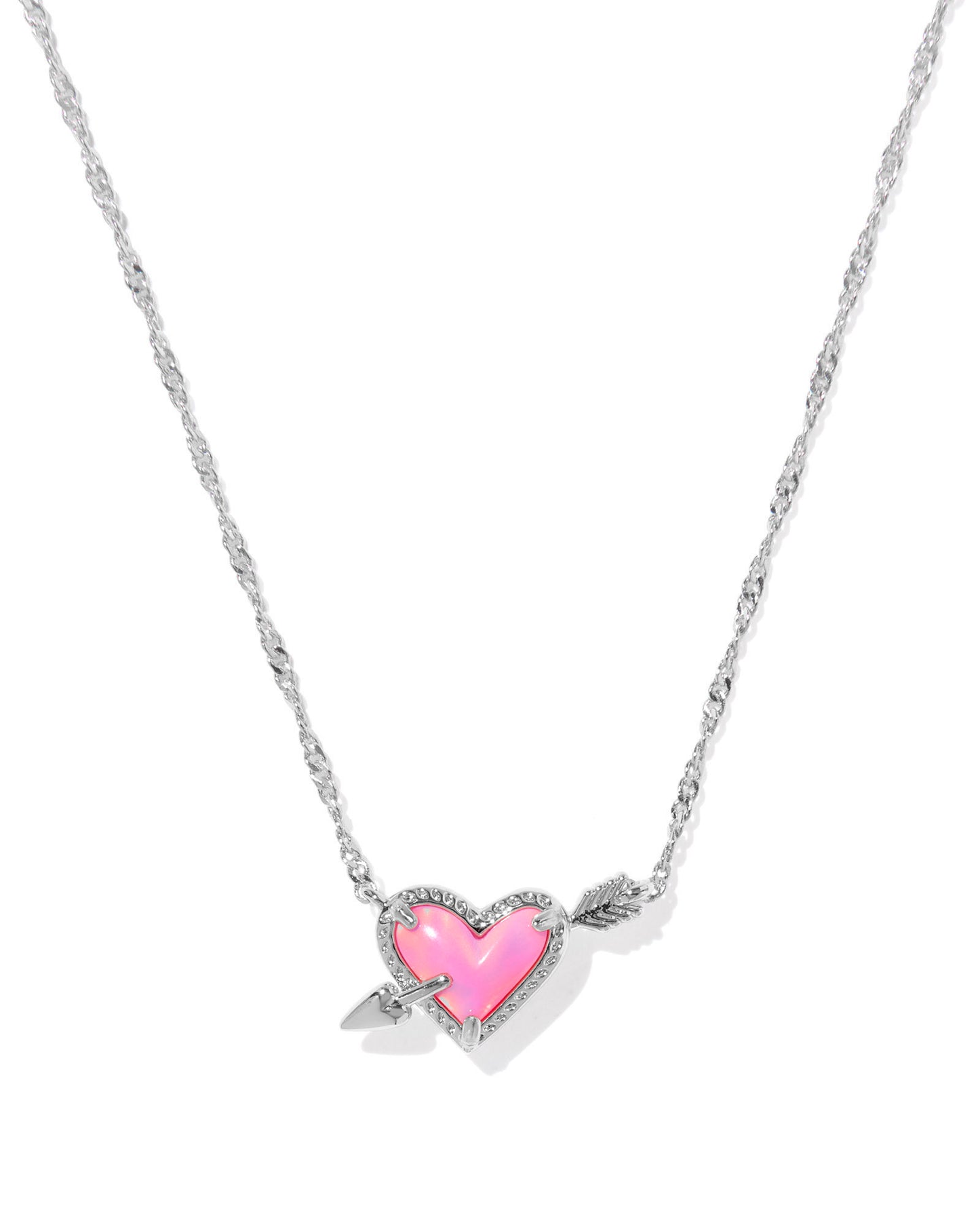 ARI HEART ARROW SHORT PENDANT NECKLACE SILVER PINK OPALESCENT RESIN