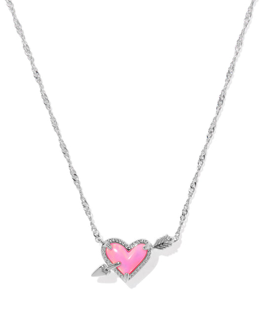 ARI HEART ARROW SHORT PENDANT NECKLACE SILVER PINK OPALESCENT RESIN