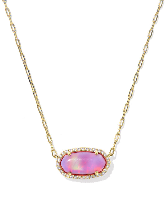 ELISA PAVE FRAME SHORT PENDANT NECKLACE GOLD PINK OPALESCENT RESIN