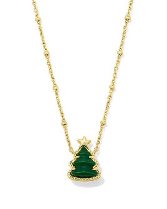 HOLIDAY TREE SHORT PENDANT NECKLACE GOLD GREEN QUARTZITE