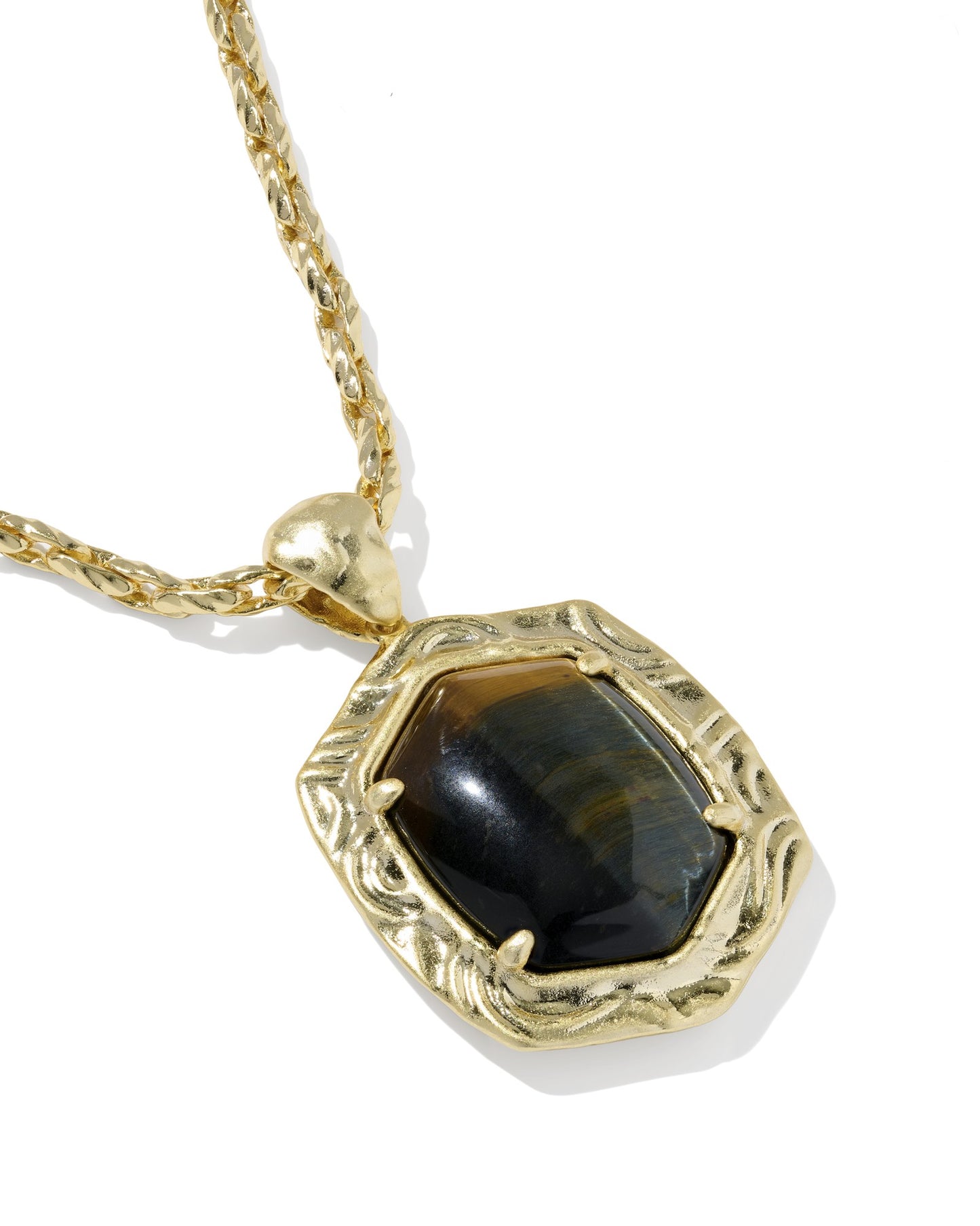 TIGER STRIPED DAPHNE SMALL LONG PENDANT NECKLACE GOLD DARK BROWN HAWK'S EYE
