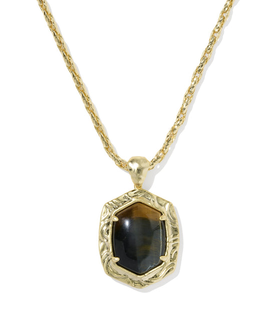 TIGER STRIPED DAPHNE SMALL LONG PENDANT NECKLACE GOLD DARK BROWN HAWK'S EYE