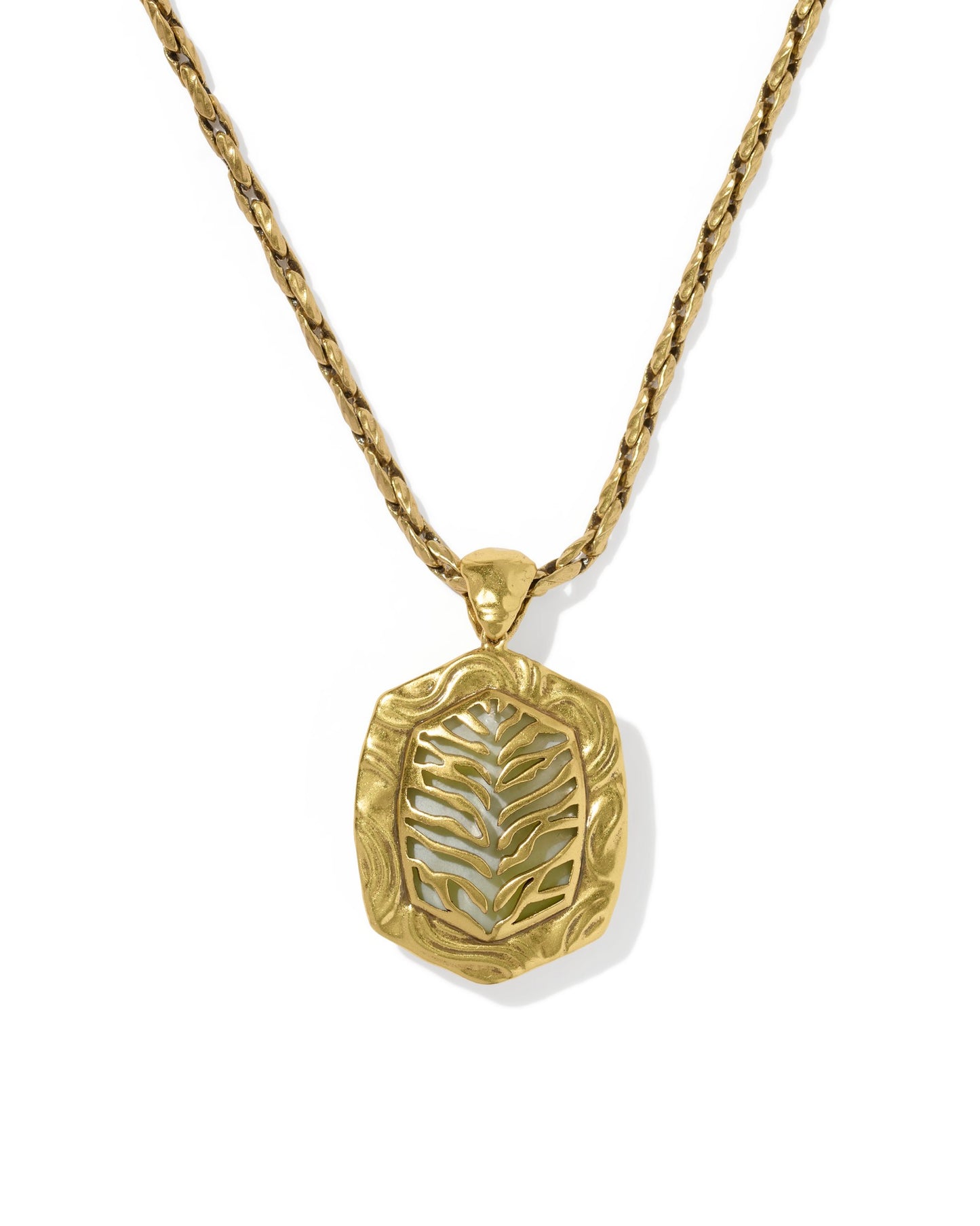 TIGER STRIPED DAPHNE SMALL LONG PENDANT NECKLACE VINTAGE GOLD CHARTREUSE GREEN MOTHER OF PEARL