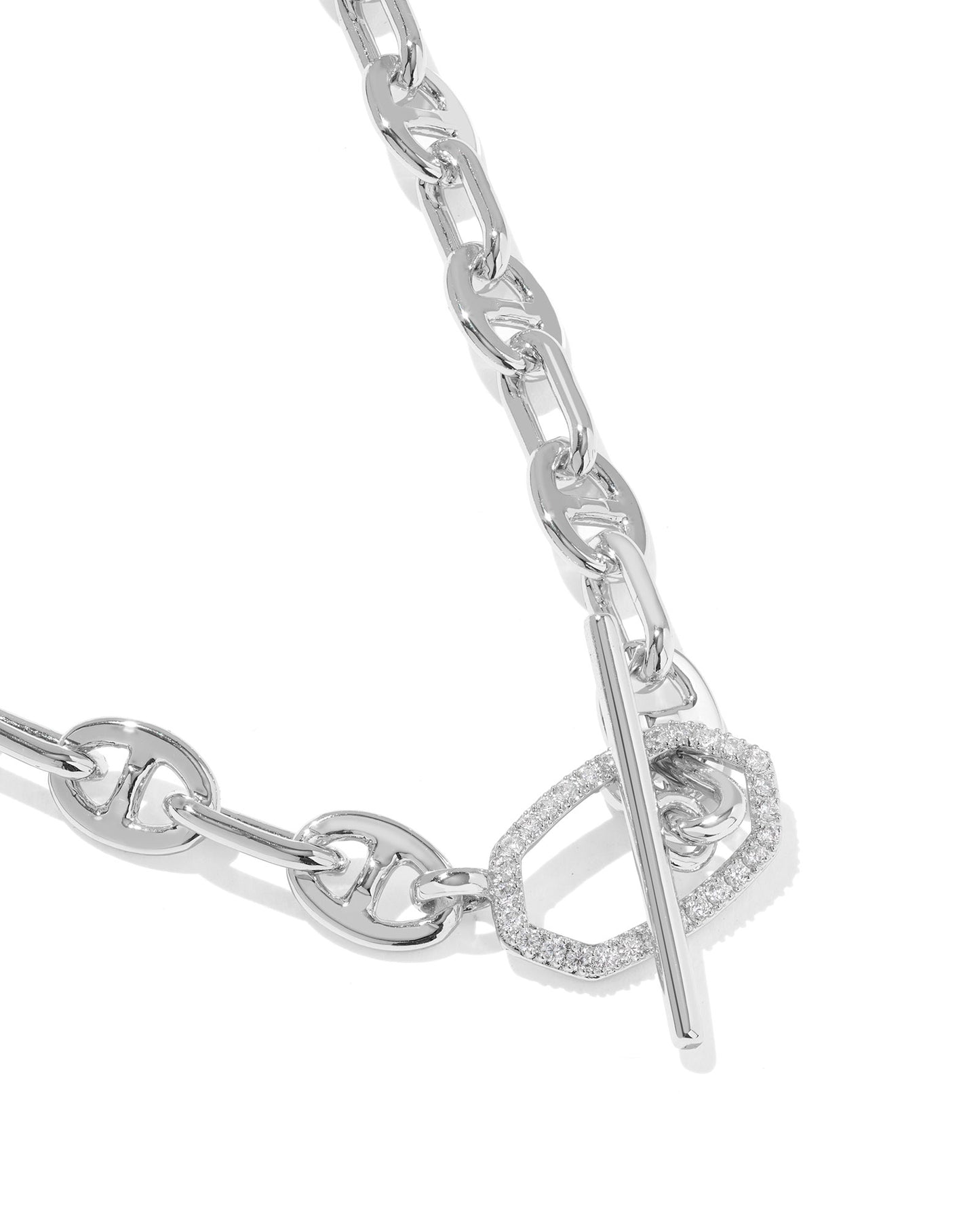ELISA TOGGLE LINK AND CHAIN NECKLACE SILVER WHITE CZ