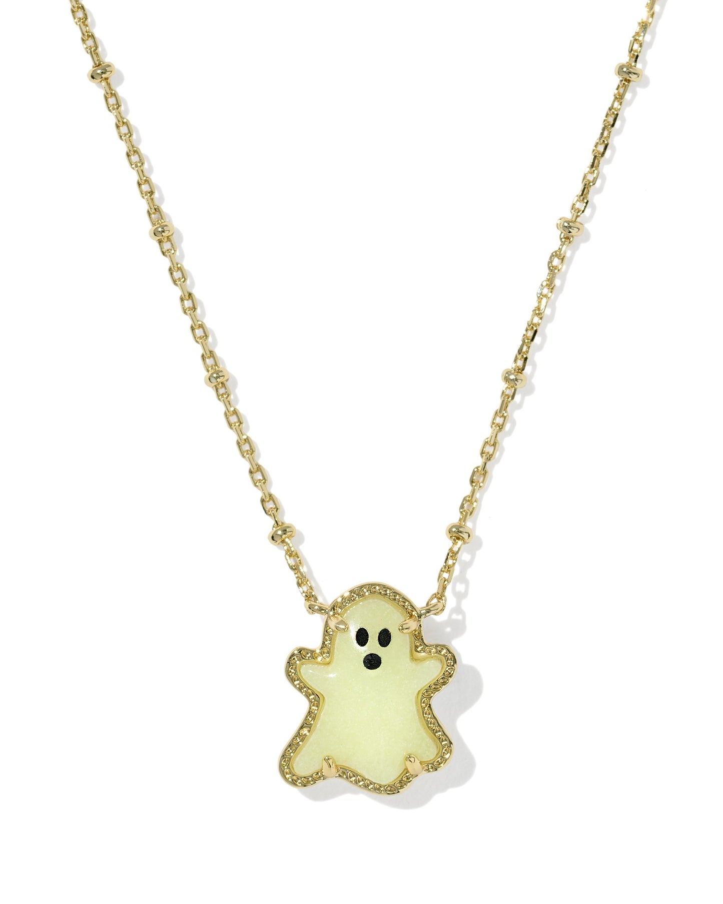 GHOST SHORT PENDANT NECKLACE GOLD WHITE GLOW IN THE DARK GLASS