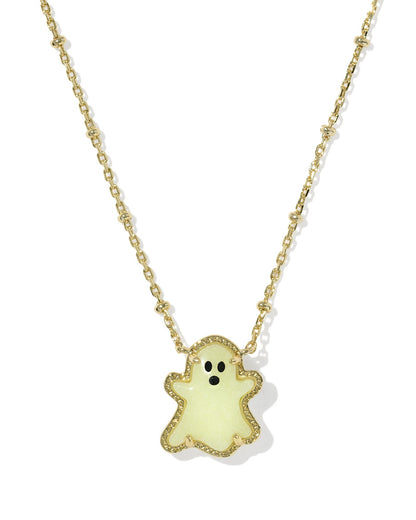 GHOST SHORT PENDANT NECKLACE GOLD WHITE GLOW IN THE DARK GLASS