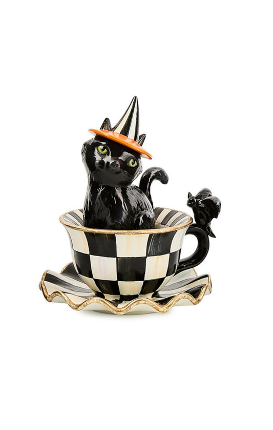 Mackenzie-Childs Courtly Check Teacup Cat Decor