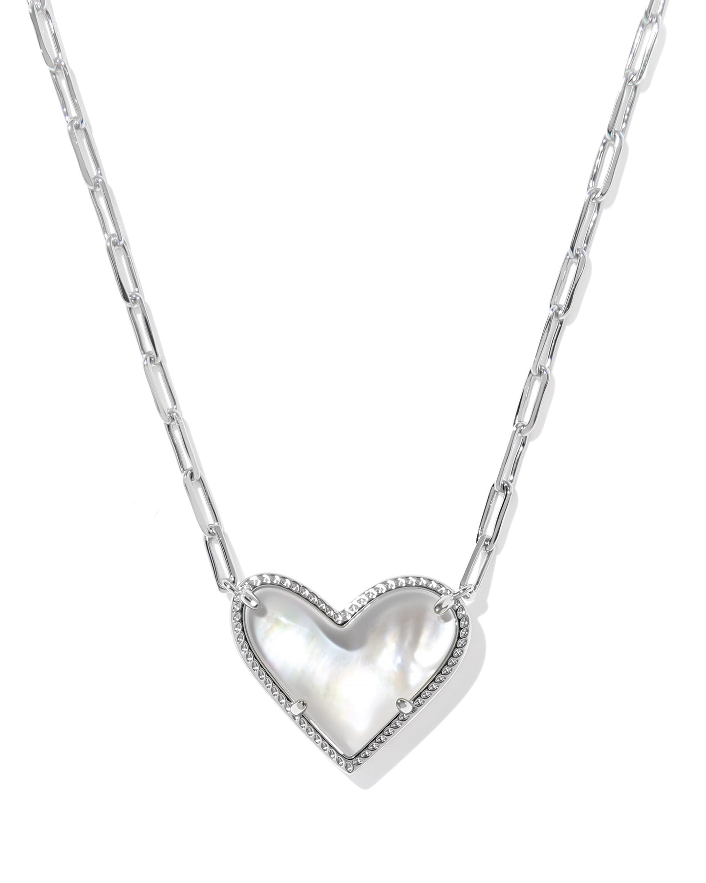 ARI HEART STATEMENT SHORT PENDANT NECKLACE SILVER IVORY MOTHER OF PEARL