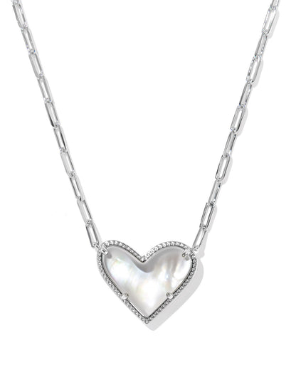 ARI HEART STATEMENT SHORT PENDANT NECKLACE SILVER IVORY MOTHER OF PEARL
