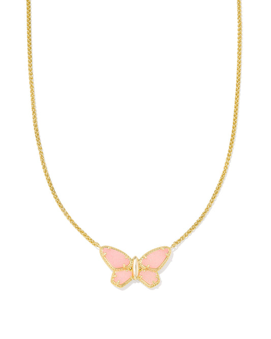DOLLY PARTON BUTTERFLY SHORT PENDANT NECKLACE GOLD LIGHT PINK DRUSY
