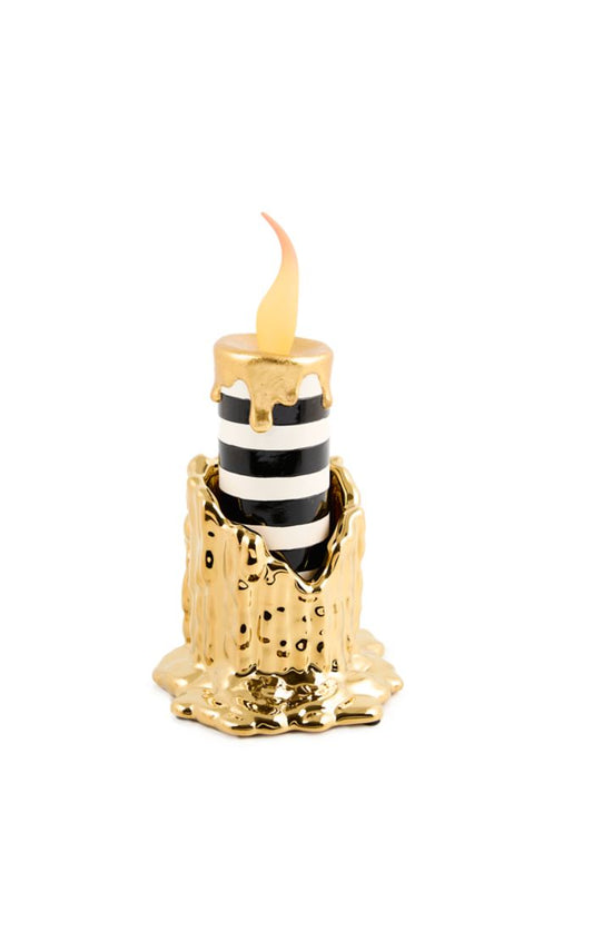 Mackenzie-Childs Haunted House Tall Gold Candle Holder & Illuminated Striped Candle Set