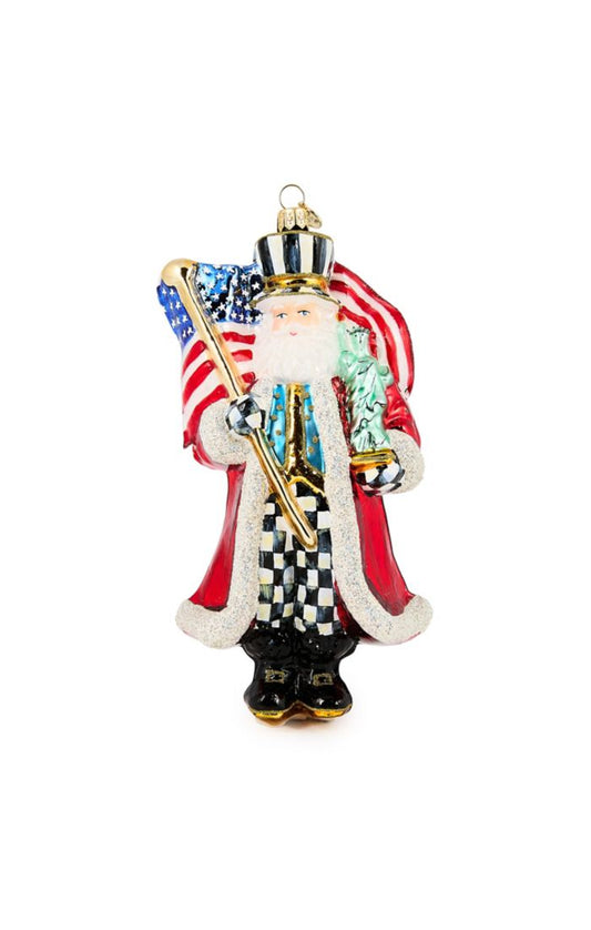 Santa with Flag Glass Ornament