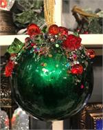 Beaded and Glitter Green Round Ornament - 3.75