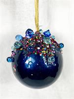 Beaded and Glitter Royal Blue Round Ornament - 3.75"