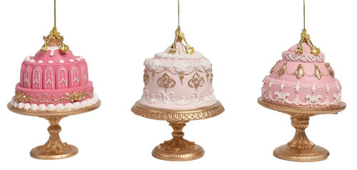 December Diamonds Pink Cakes on Gold Base Ornaments - Set of 3