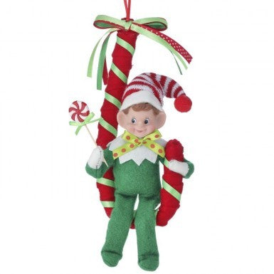 Fabric Elf on Candy Cane Ornament - 10.5