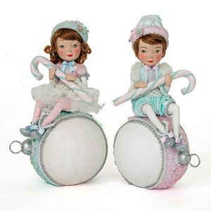 Katherine's Collection Frost And Tenderness Elves On Ornaments Set of 2