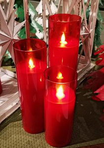 Red Glass Flameless Pillar Candles - Set of 3 - 3 x 8", 10" and 12"