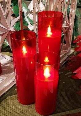 Red Glass Flameless Pillar Candles - Set of 3 - 3 x 8