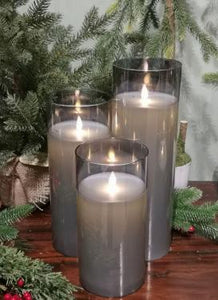 Smoke Glass Flameless Pillar Candles - Set of 3 - 4 x 8", 10" and 12"