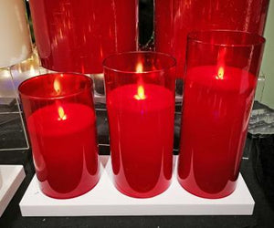Rechargeable Red Glass Flameless Pillar Candles - Set of 3 - 5", 6" and 7"