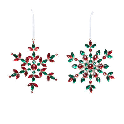 Red and Green Gem Snowflake Ornament - Set of 2 - 6