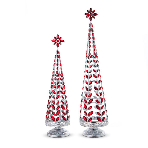 Red Jeweled Trees with Silver Glitter - Set of 2 - 24.5