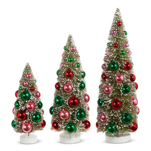 Bottle Brush Trees with Pink/Green/Red Ornaments - Set of 3 - 15"
