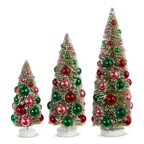 Bottle Brush Trees with Pink/Green/Red Ornaments - Set of 3 - 15