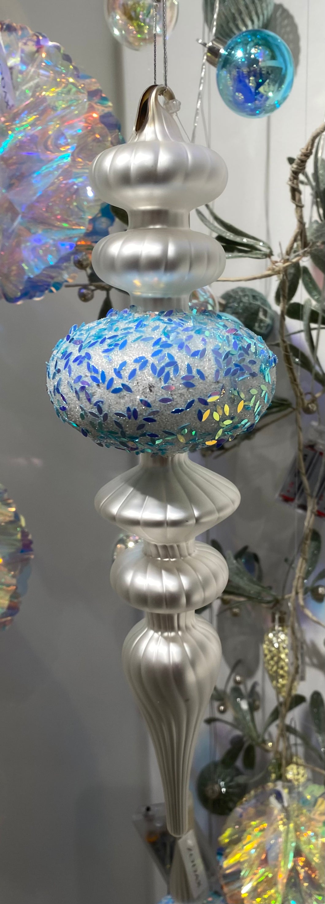 Silver and Blue Glitter Glass Finial - 12.5