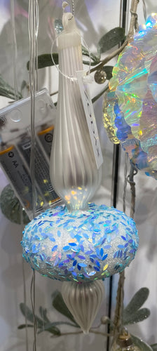 Silver and Blue Glitter Glass Finial - 8.25
