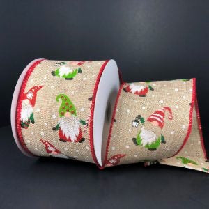 Red and Green Gnomes Natural Linen Ribbon